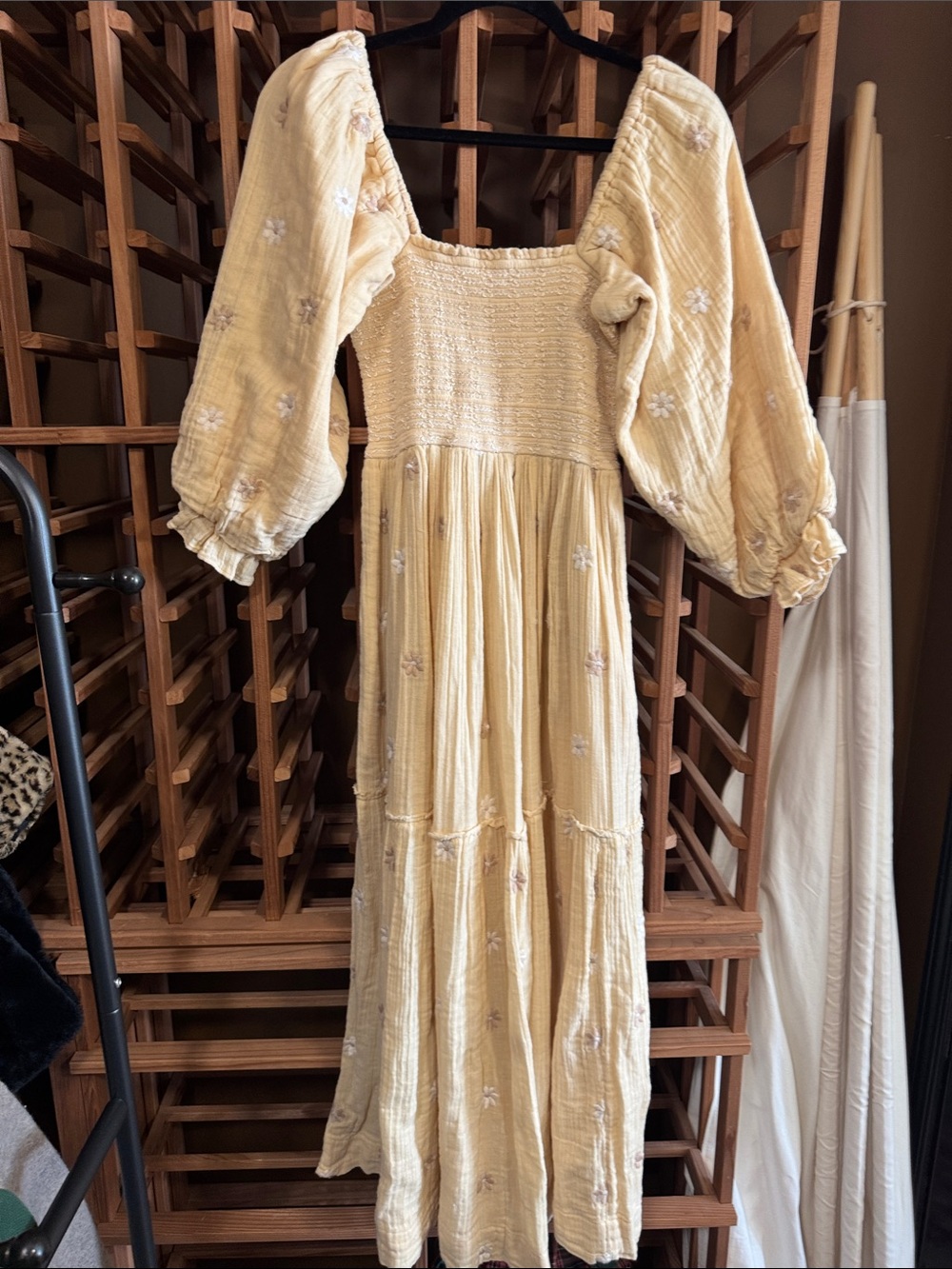 Free People Pale Yellow Embroidered Smocked Maxi Dress
